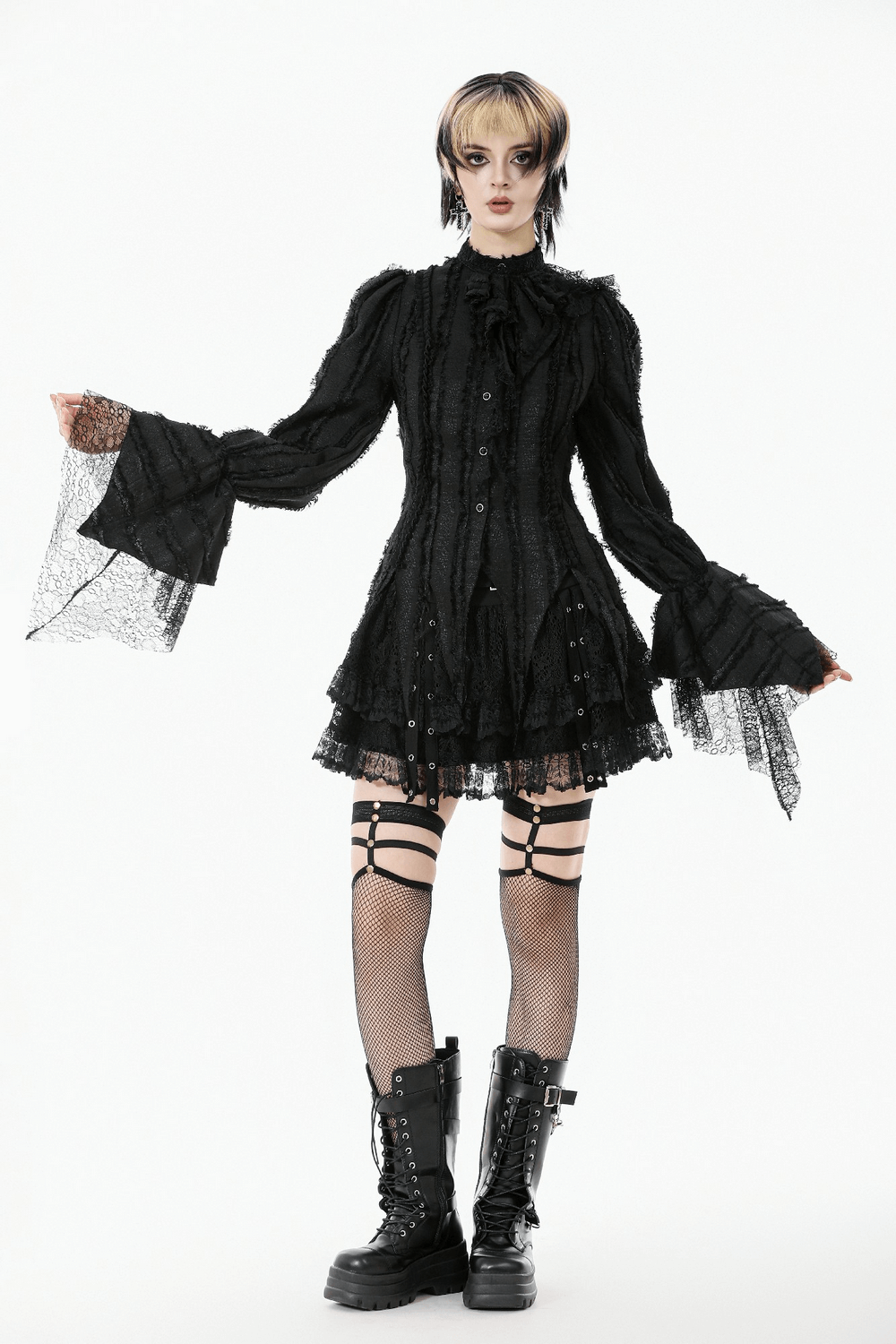 Gothic Lace Ruffle Long Sleeve Shirt with Button Closure featuring fitted ruffles and lace details.