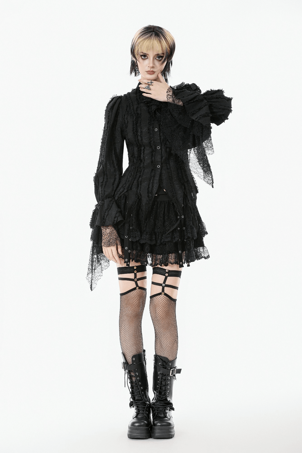 Gothic Lace Ruffle Long Sleeve Shirt with Button Closure, featuring ruffles, lace cuffs, and a tailored silhouette.