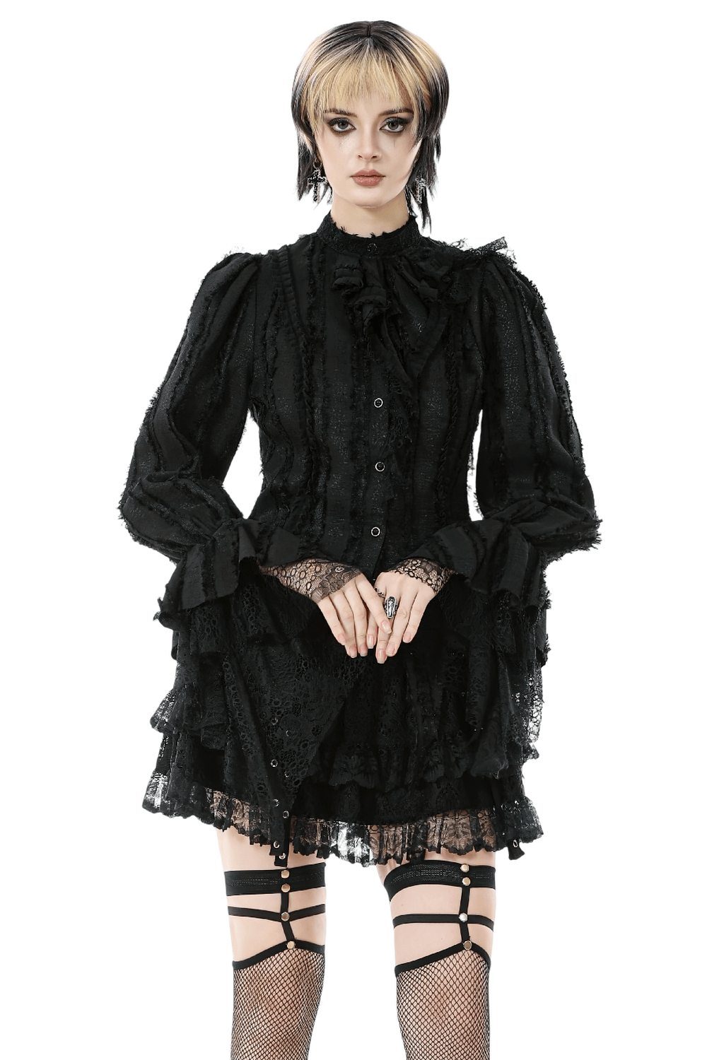 Gothic Lace Ruffle Long Sleeve Shirt with Button Closure, featuring elegant ruffles and delicate lace cuffs.
