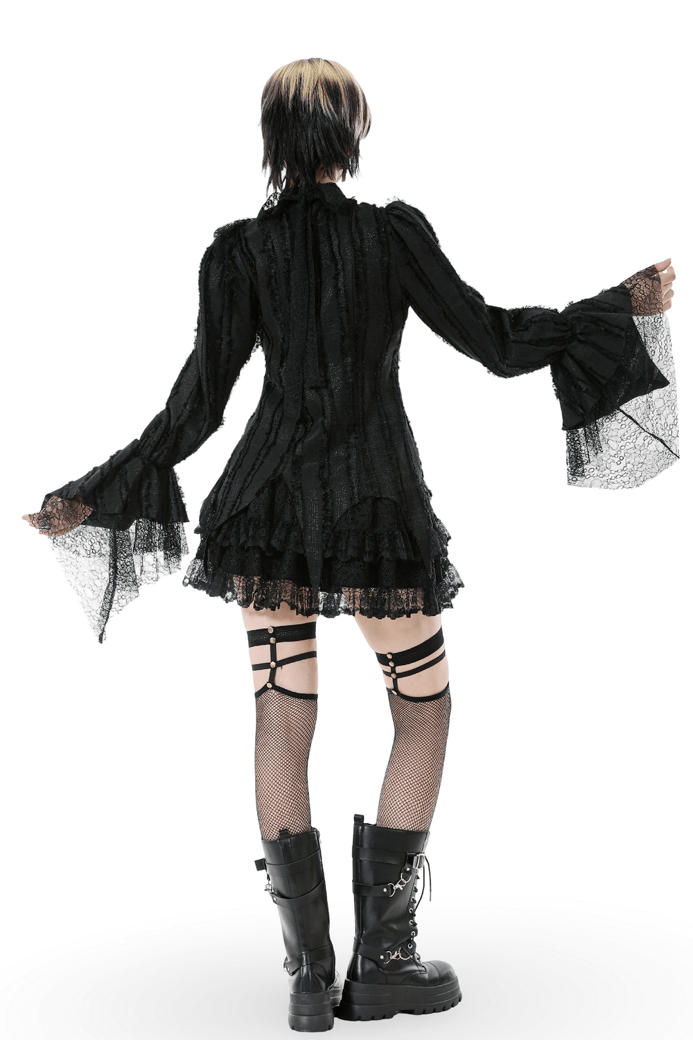 Gothic Lace Ruffle Long Sleeve Shirt with Button Closure showcasing intricate ruffles and flared sleeves.