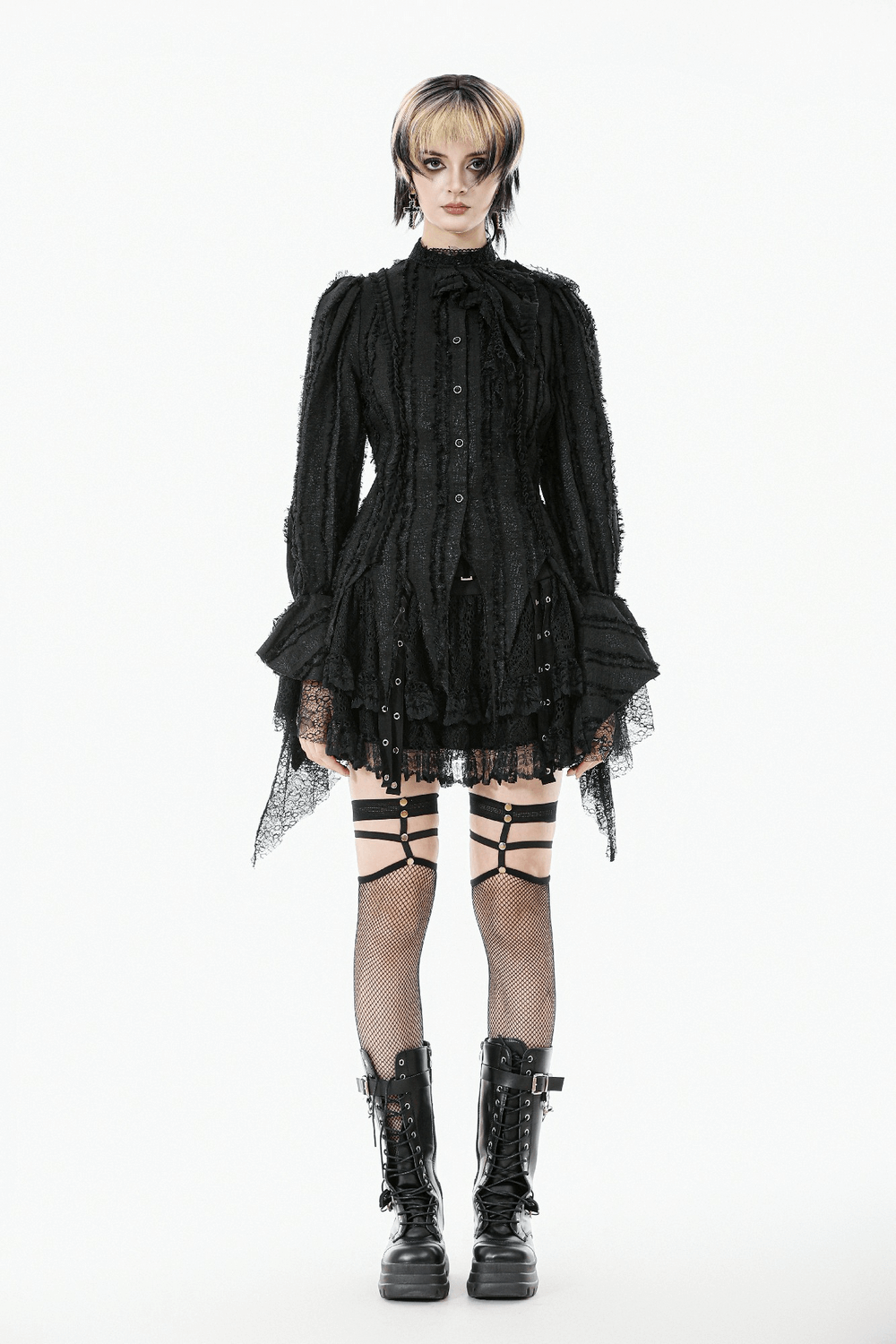 Gothic Lace Ruffle Long Sleeve Shirt with Button Closure showcasing intricate ruffles and high-neck design.