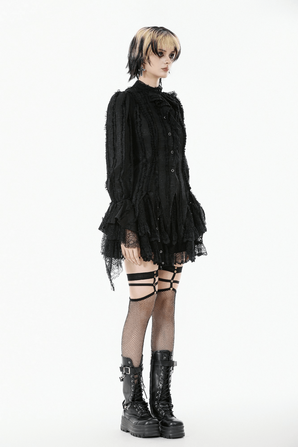 Gothic Lace Ruffle Long Sleeve Shirt with Button Closure featuring Victorian-inspired design and ruffled high-neck.