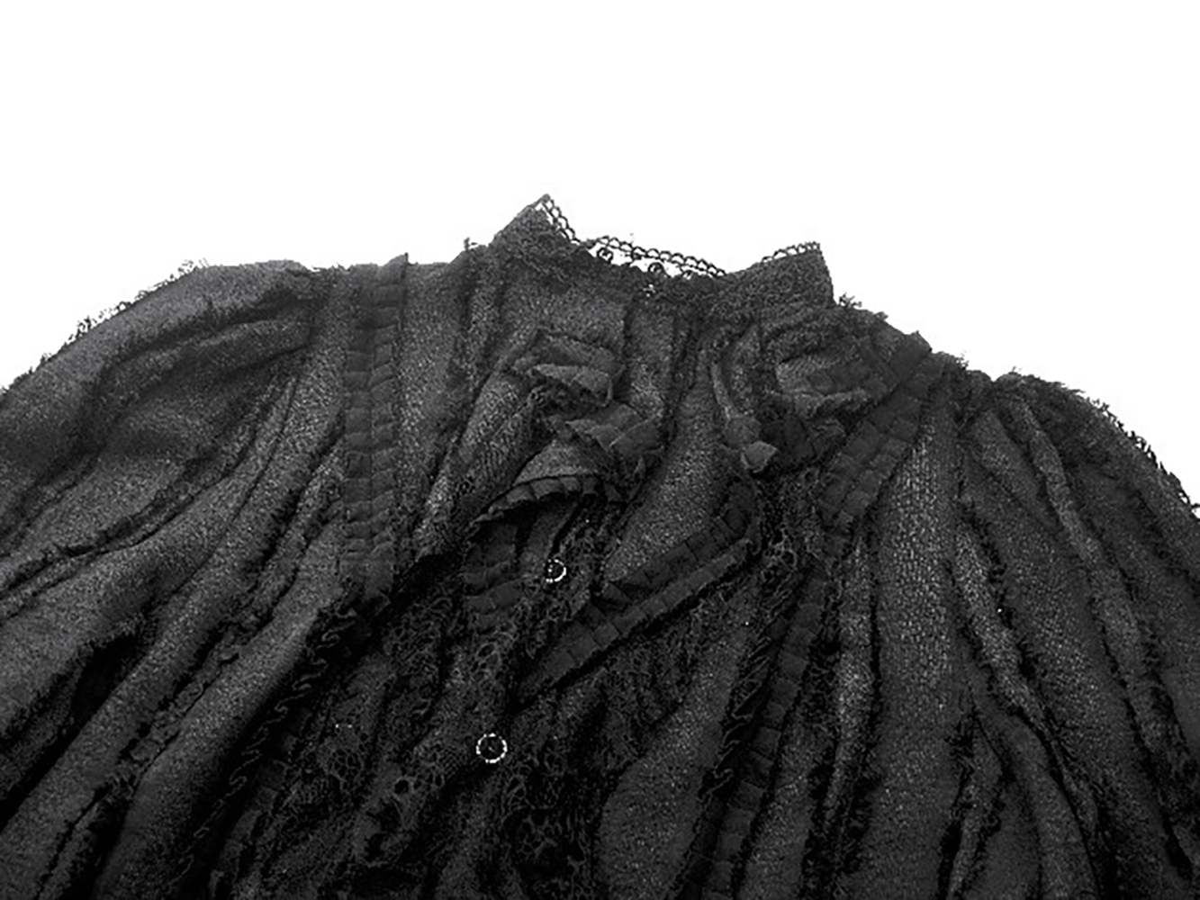 Gothic Lace Ruffle Long Sleeve Shirt with Button Closure, showcasing intricate ruffles and lace details.