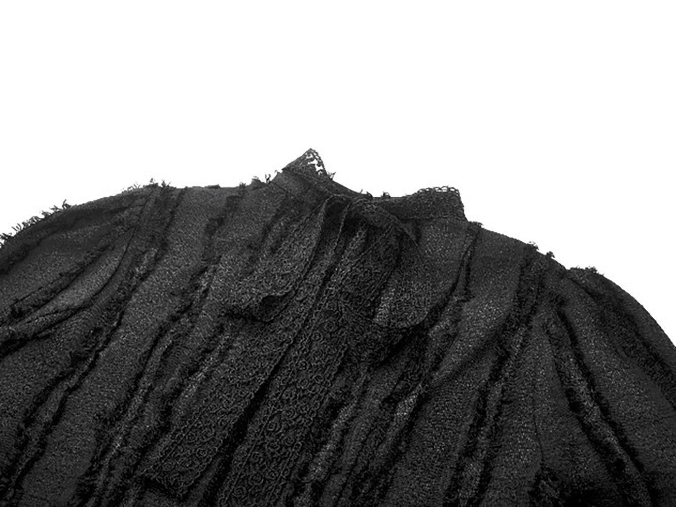 Gothic Lace Ruffle Long Sleeve Shirt with Button Closure showcasing detailed lace fabric and high-neck design.