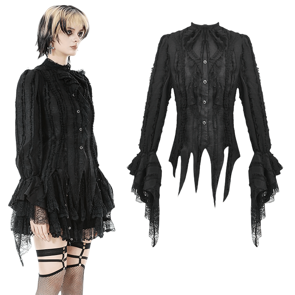 Gothic Lace Ruffle Long Sleeve Shirt with Button Closure featuring intricate ruffles and lace cuffs for a Victorian look.