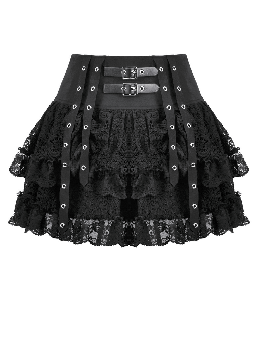 Gothic Lace Ruffle Mini Skirt with Buckle Straps showcasing layered lace and buckle detailing.