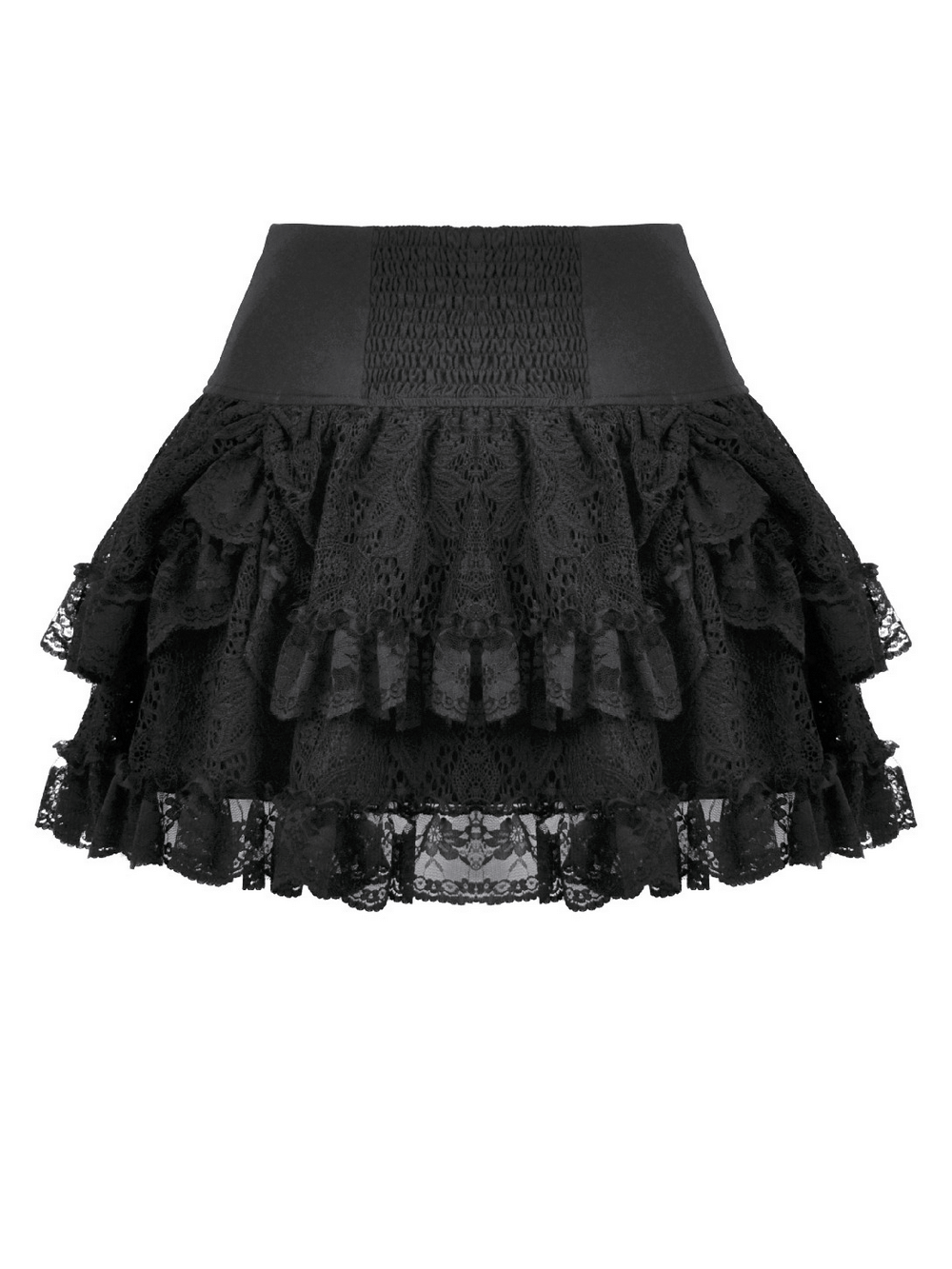 Gothic Lace Ruffle Mini Skirt with Buckle Straps featuring layered lace and mesh ruffles.