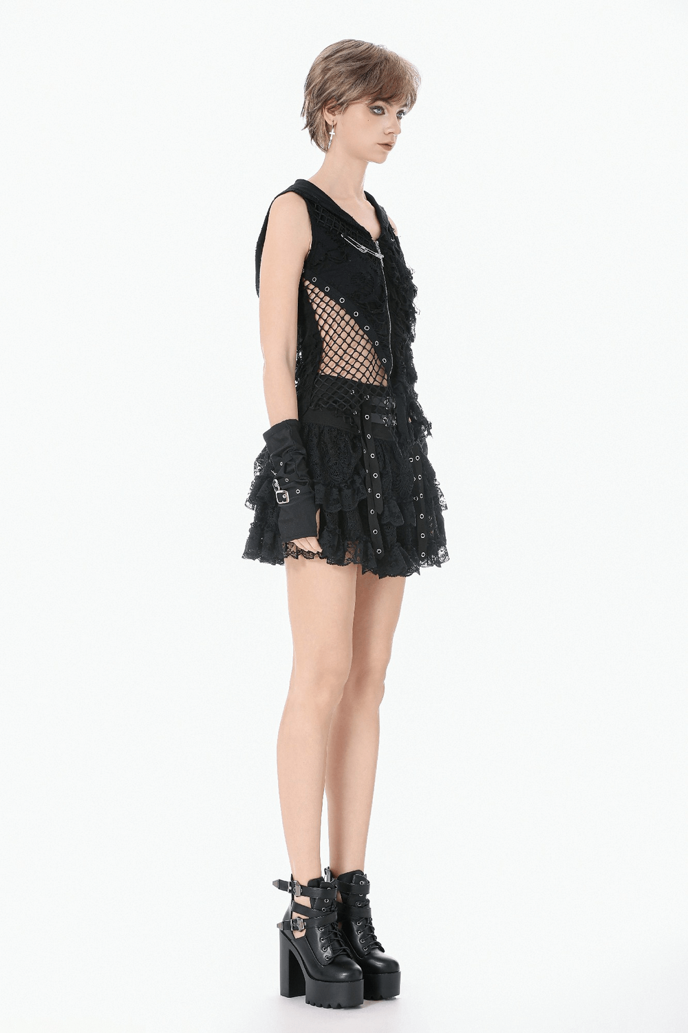 Gothic Lace Ruffle Mini Skirt with Buckle Straps worn by a model, showcasing punk fashion and layered lace details.