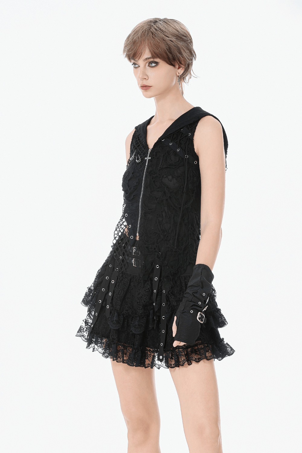 Gothic Lace Ruffle Mini Skirt with Buckle Straps, showcasing layered lace and garter straps for an edgy punk look.