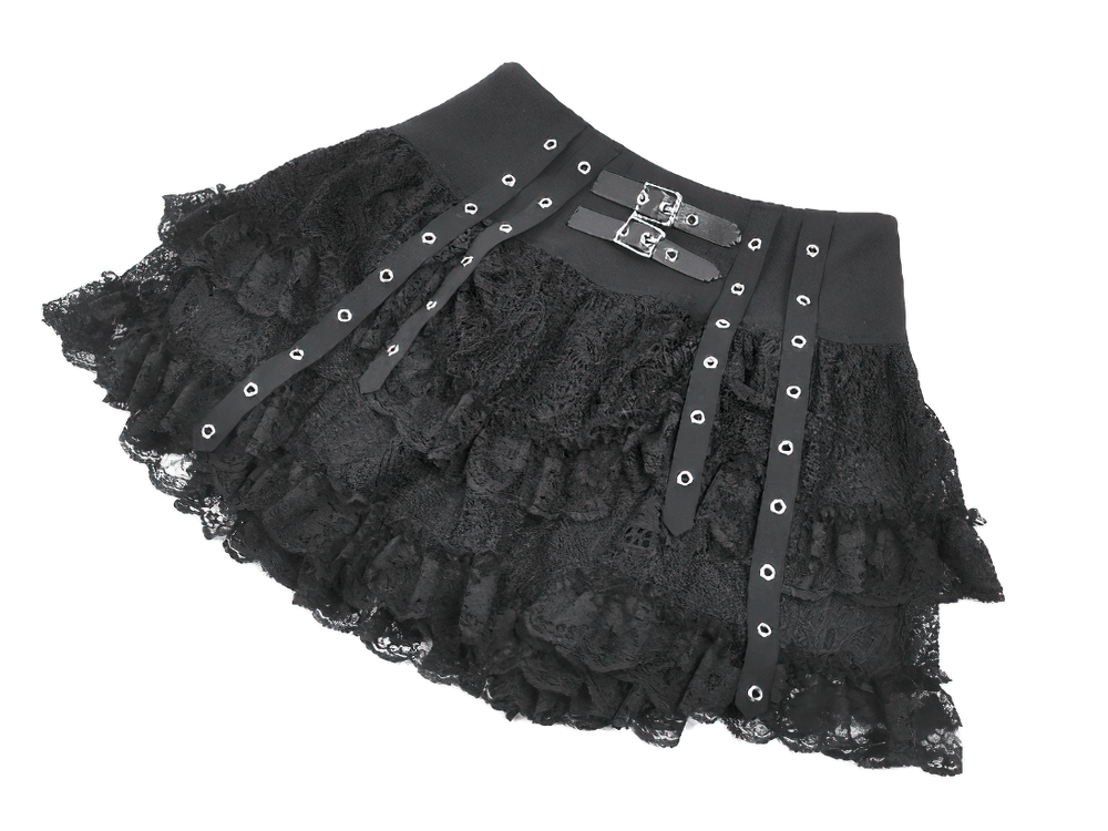 Gothic Lace Ruffle Mini Skirt with Buckle Straps showcasing layered lace ruffles and double buckle straps.