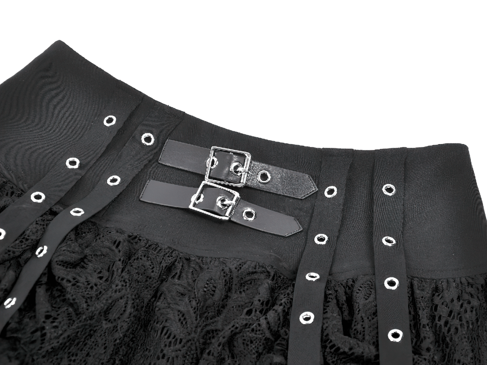 Gothic Lace Ruffle Mini Skirt with Buckle Straps detailed view showing double buckle straps and lace ruffles.