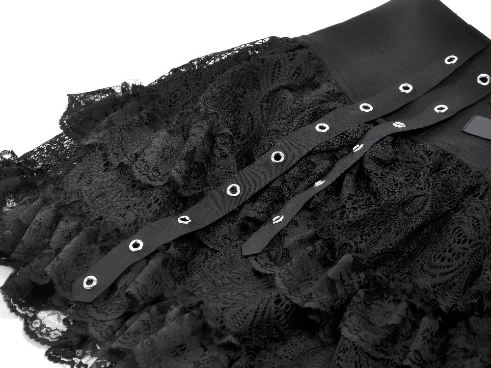 Gothic Lace Ruffle Mini Skirt with Buckle Straps showcasing layered lace, buckle straps, and ruffled details.