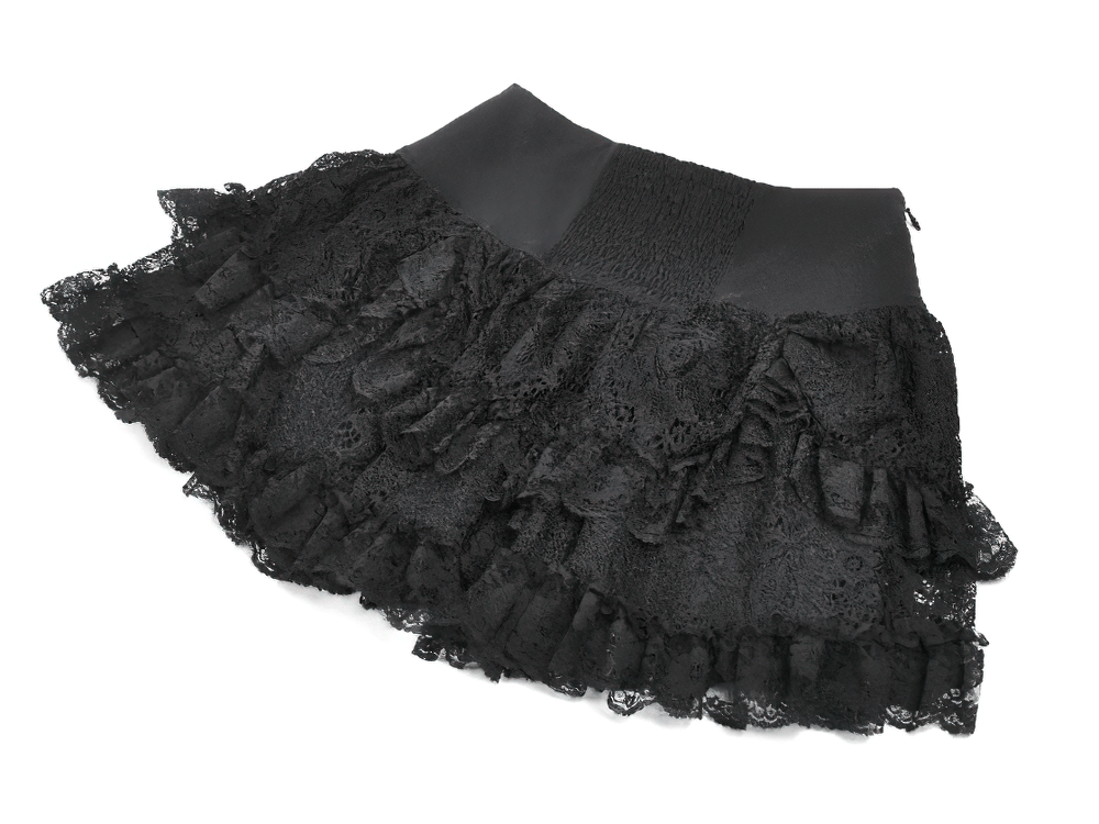 Gothic Lace Ruffle Mini Skirt with Buckle Straps showcasing layered lace and ruffles in black.