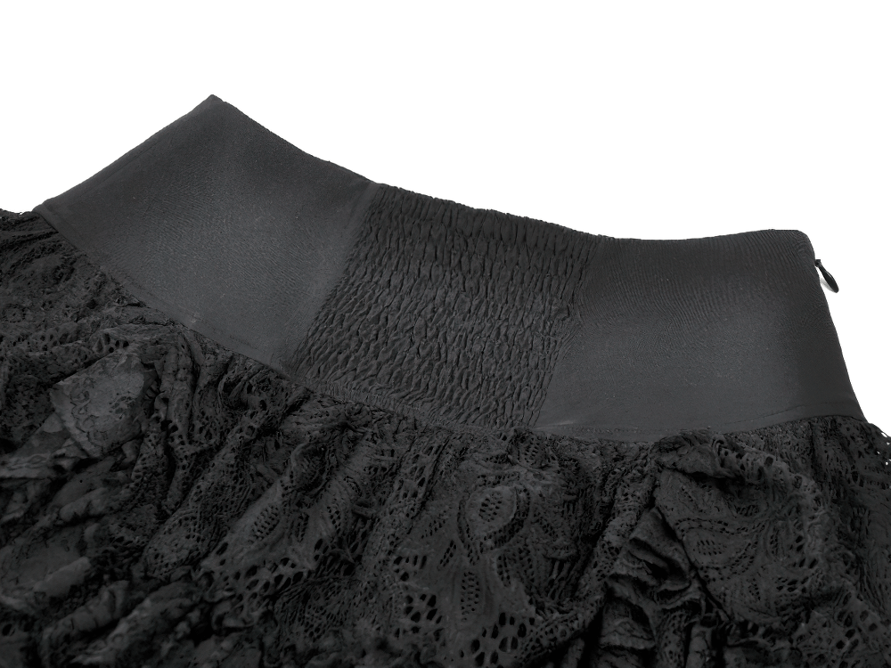Gothic Lace Ruffle Mini Skirt with Buckle Straps showing detailed high-waist smocked back panel and layered lace design.