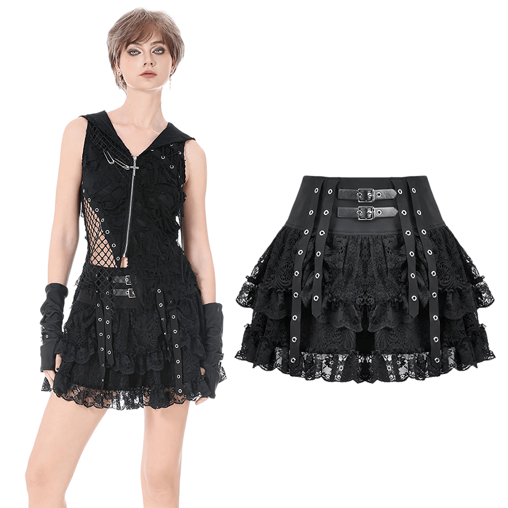 Gothic Lace Ruffle Mini Skirt with Buckle Straps worn by model showcasing punk style with layered lace and ruffles.