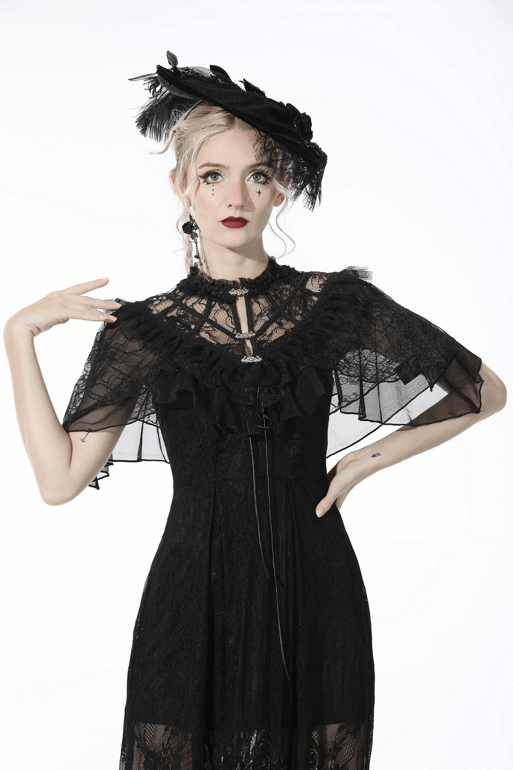 Gothic Lace Ruffled Capelet with Rhinestone Clasps