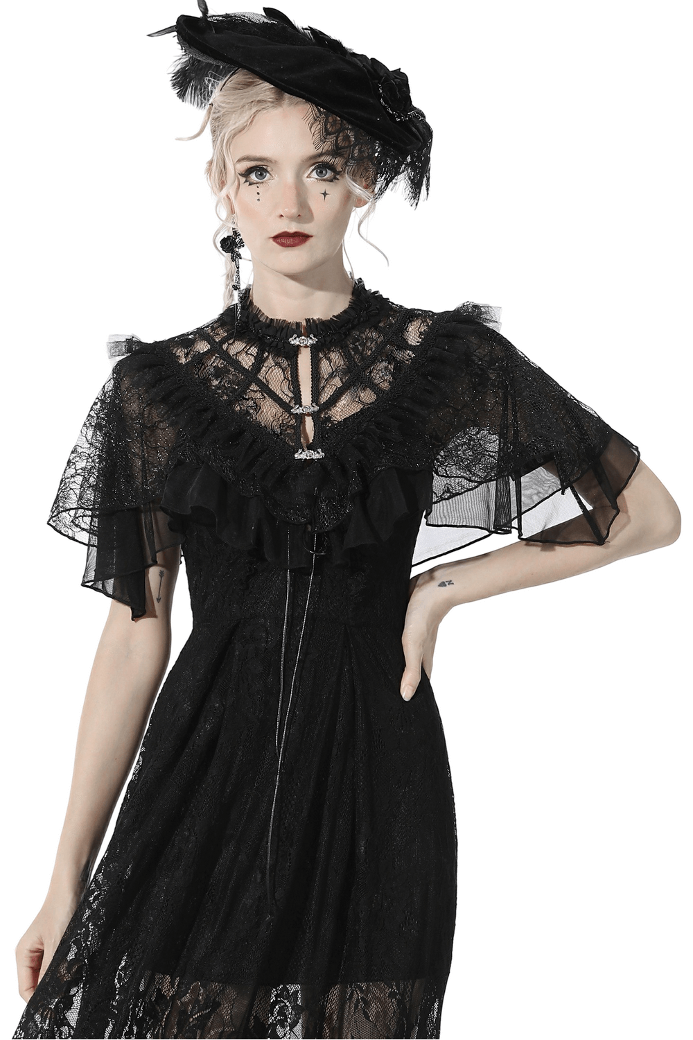 Gothic Lace Ruffled Capelet with Rhinestone Clasps