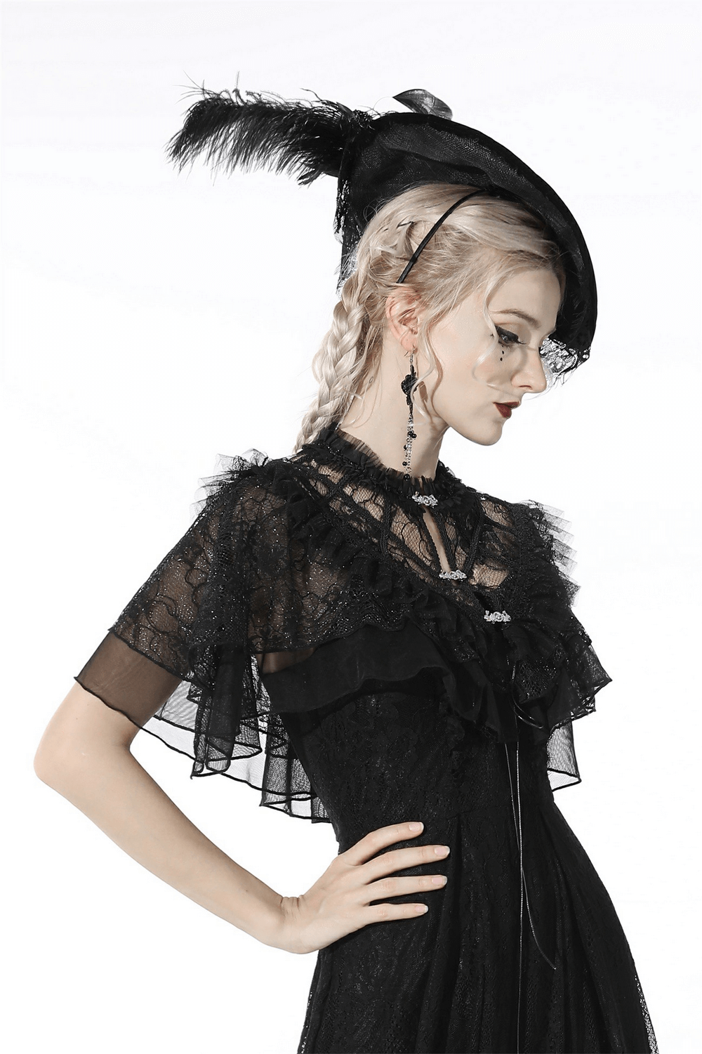 Gothic Lace Ruffled Capelet with Rhinestone Clasps