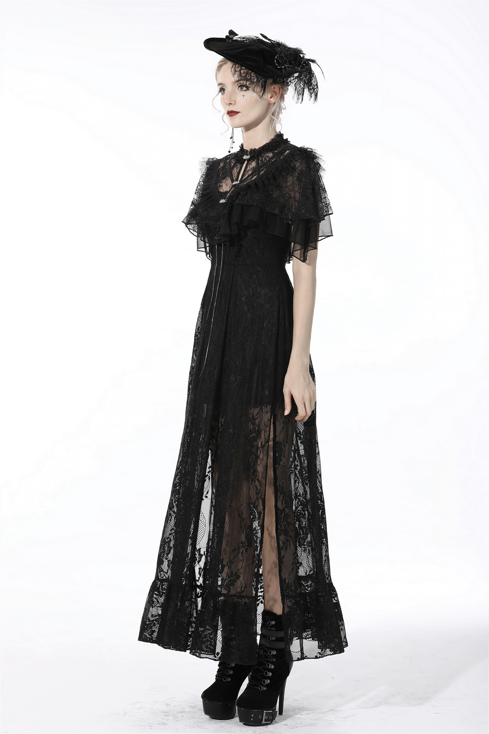 Gothic Lace Ruffled Capelet with Rhinestone Clasps