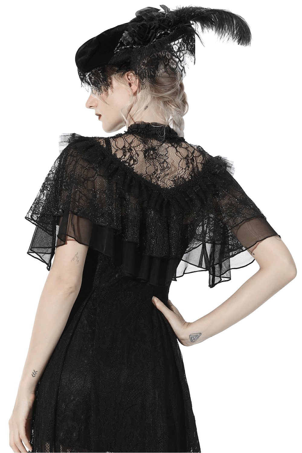 Gothic Lace Ruffled Capelet with Rhinestone Clasps