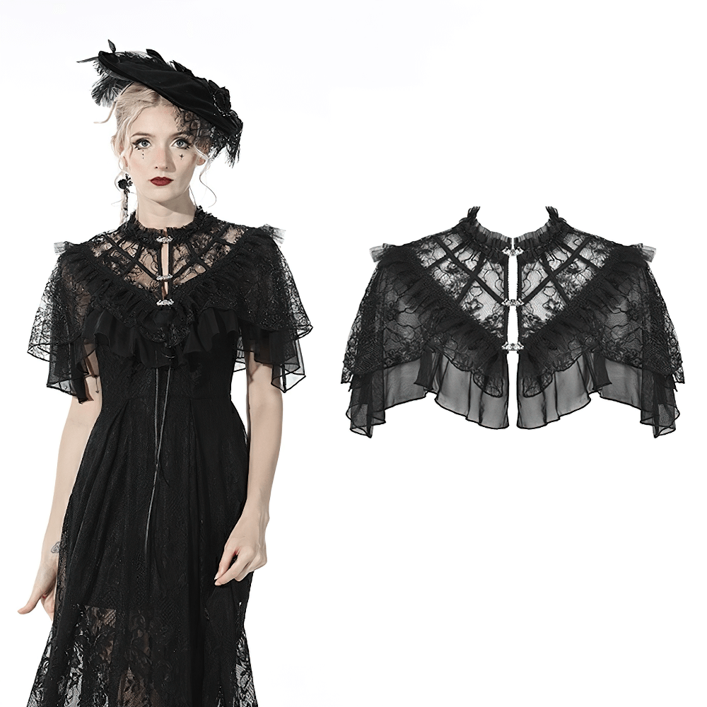 Gothic Lace Ruffled Capelet with Rhinestone Clasps