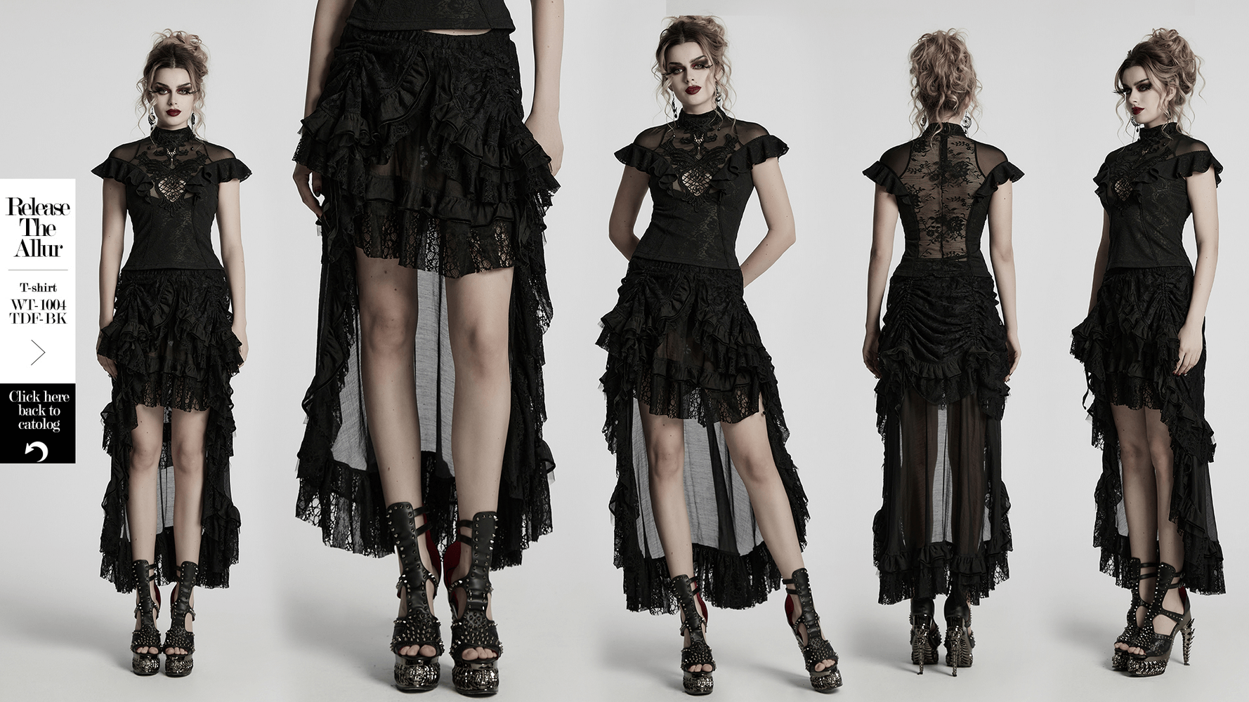 Model showcasing a gothic lace ruffled high-low skirt with chiffon mesh, highlighting its asymmetrical design and layered texture.
