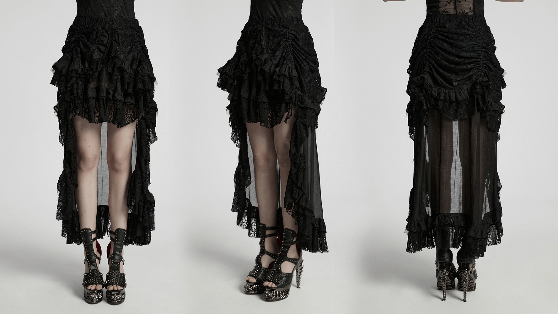 Gothic lace high-low skirt with ruffles and sheer chiffon mesh, showcasing dramatic elegance and alternative style.