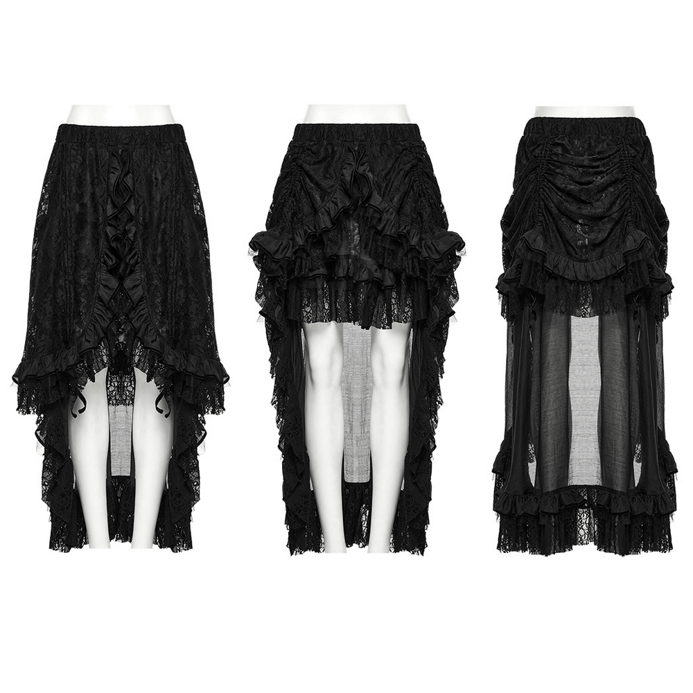 Gothic lace ruffled high-low skirt with chiffon mesh, showcasing dramatic asymmetrical designs in black.