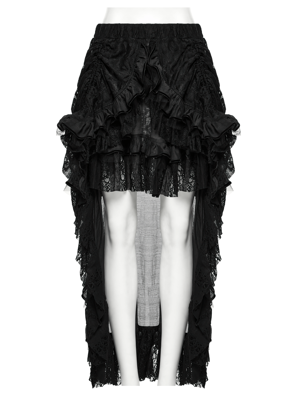 Gothic high-low skirt featuring lace and ruffled chiffon mesh, perfect for alternative fashion lovers.