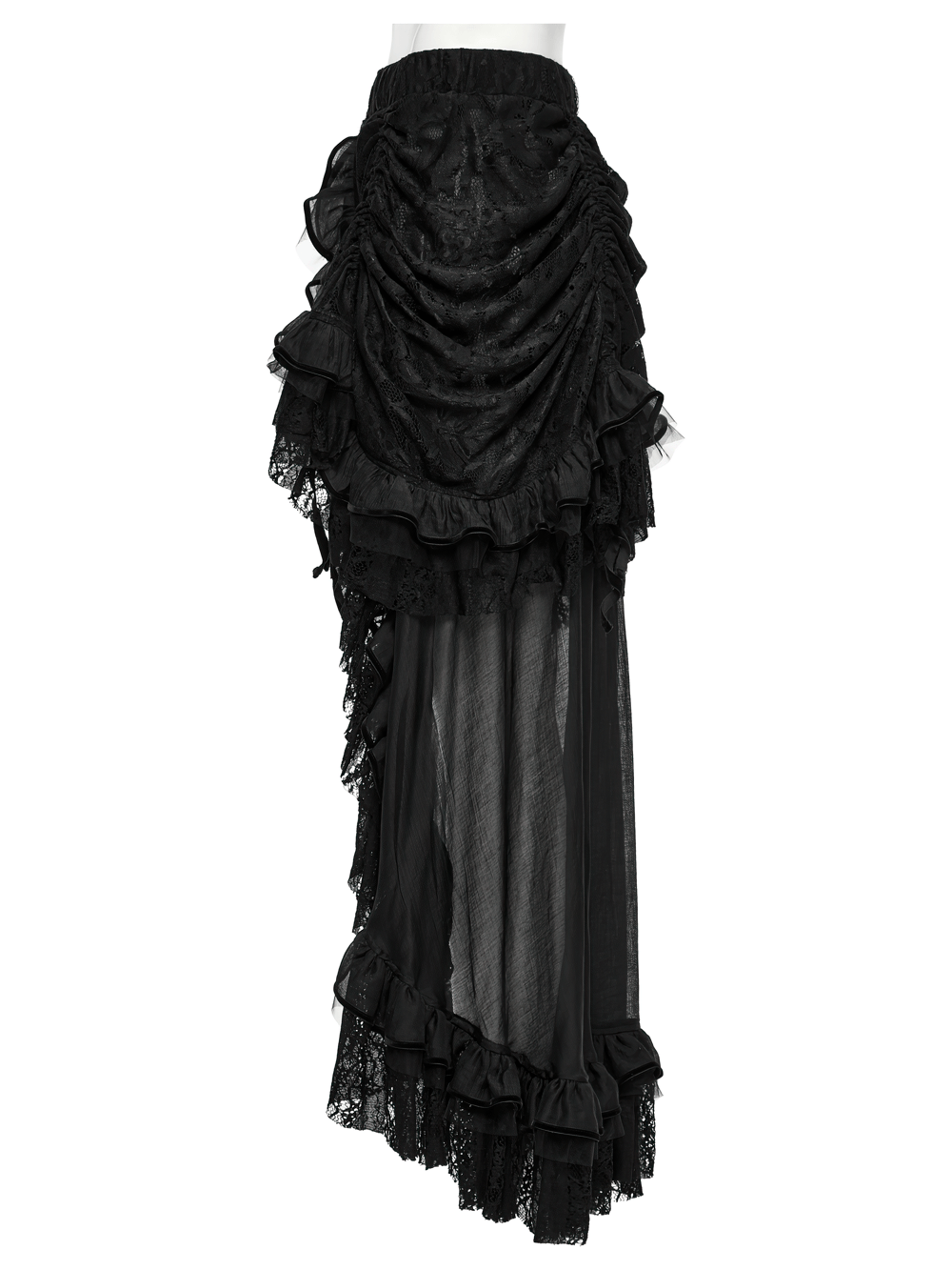 Gothic high-low skirt with ruffled chiffon mesh and lace accents, featuring an edgy asymmetrical design in black.