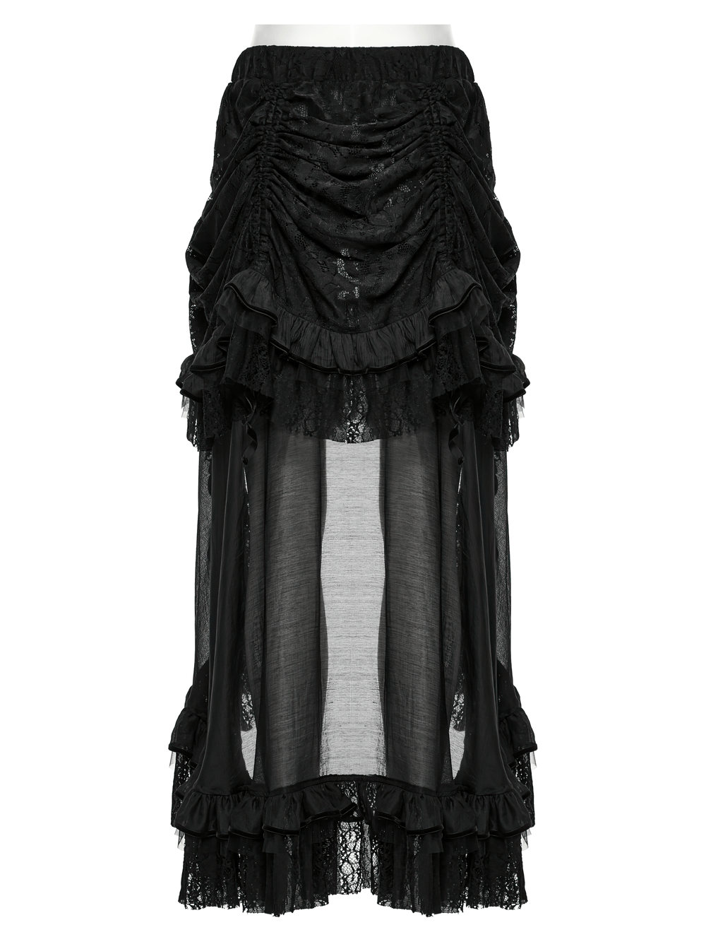 Gothic high-low skirt with lace and chiffon ruffles, featuring an asymmetrical design and sheer layers for a dramatic flair.