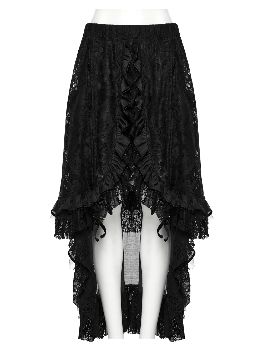 Gothic high-low skirt featuring lace and ruffles, perfect for an edgy alternative fashion statement.