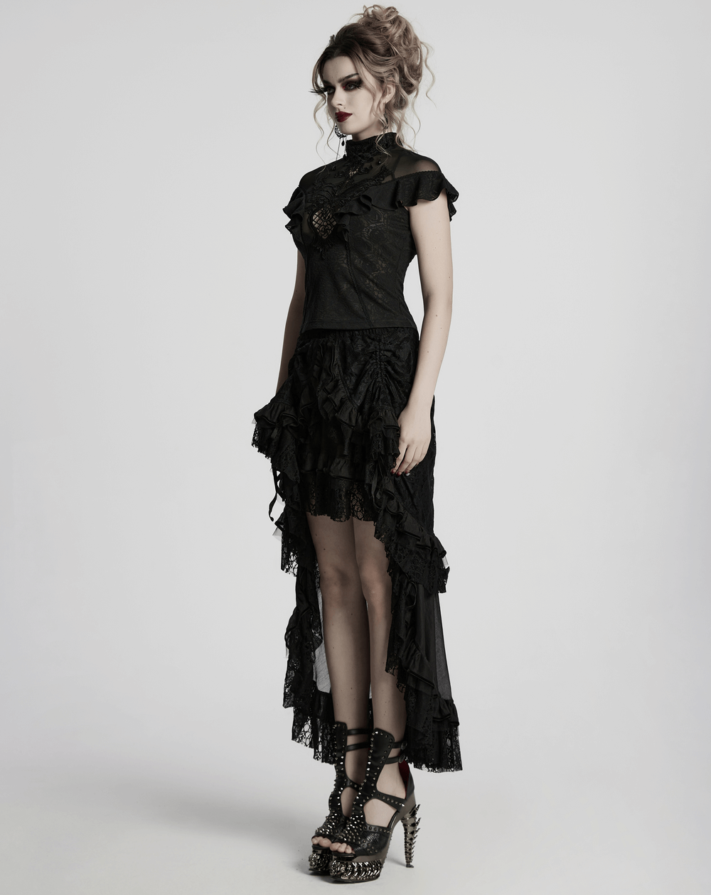 Gothic lace ruffled high-low skirt with chiffon mesh, showcasing dramatic layers and an edgy yet elegant style.