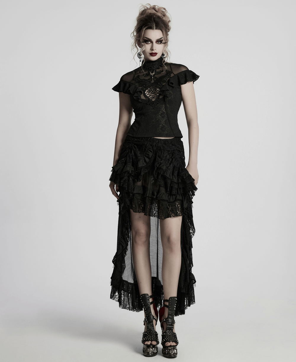 Gothic lace ruffled high-low skirt with chiffon mesh, dramatic and elegant for alternative fashion.