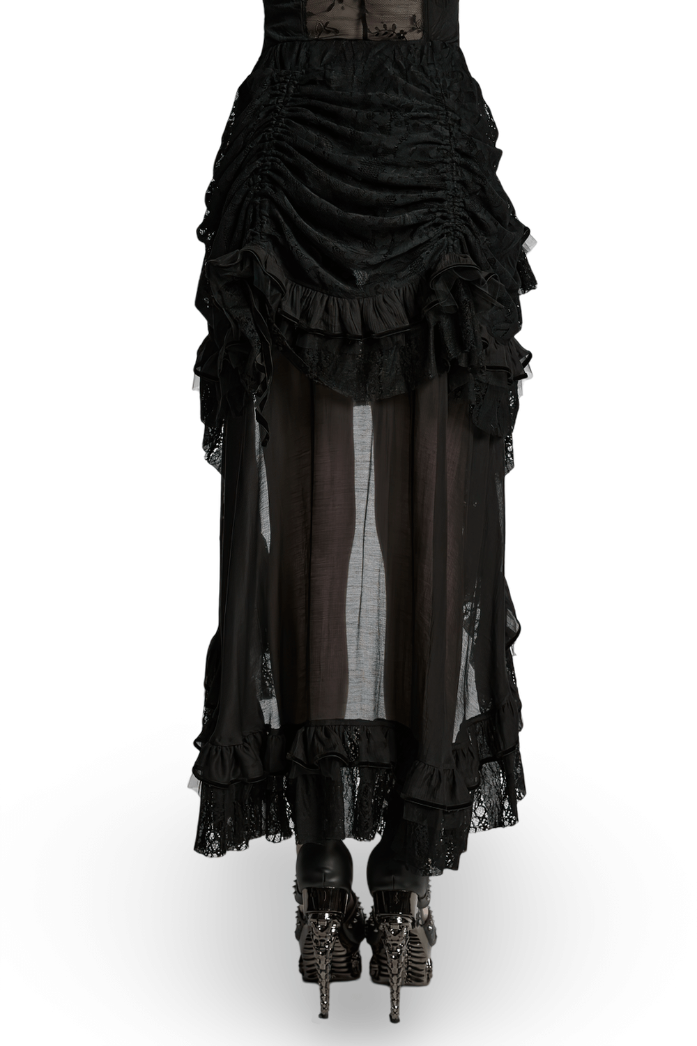 Gothic high-low lace skirt with ruffles and sheer chiffon layers, perfect for an edgy and elegant style.