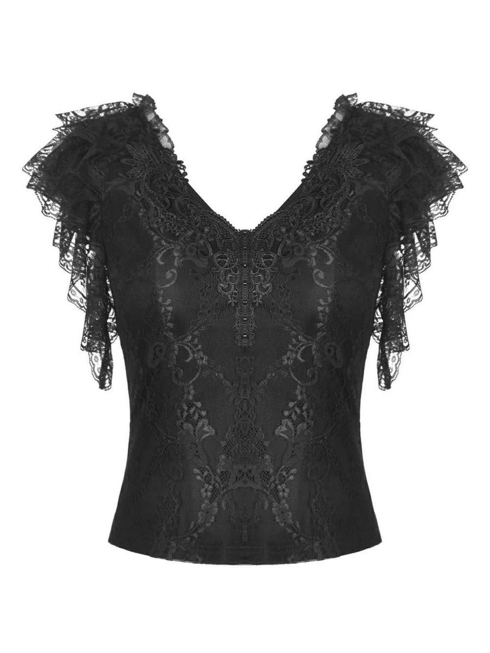 Elegant black lace gothic top with V-neck and ruffled sleeves for a dramatic fashion statement.