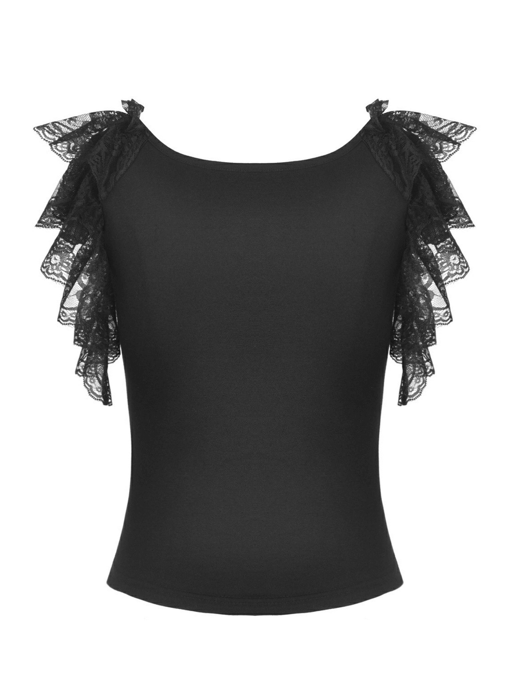 Elegant black gothic top featuring layered lace sleeves and a fitted silhouette for a dramatic look.