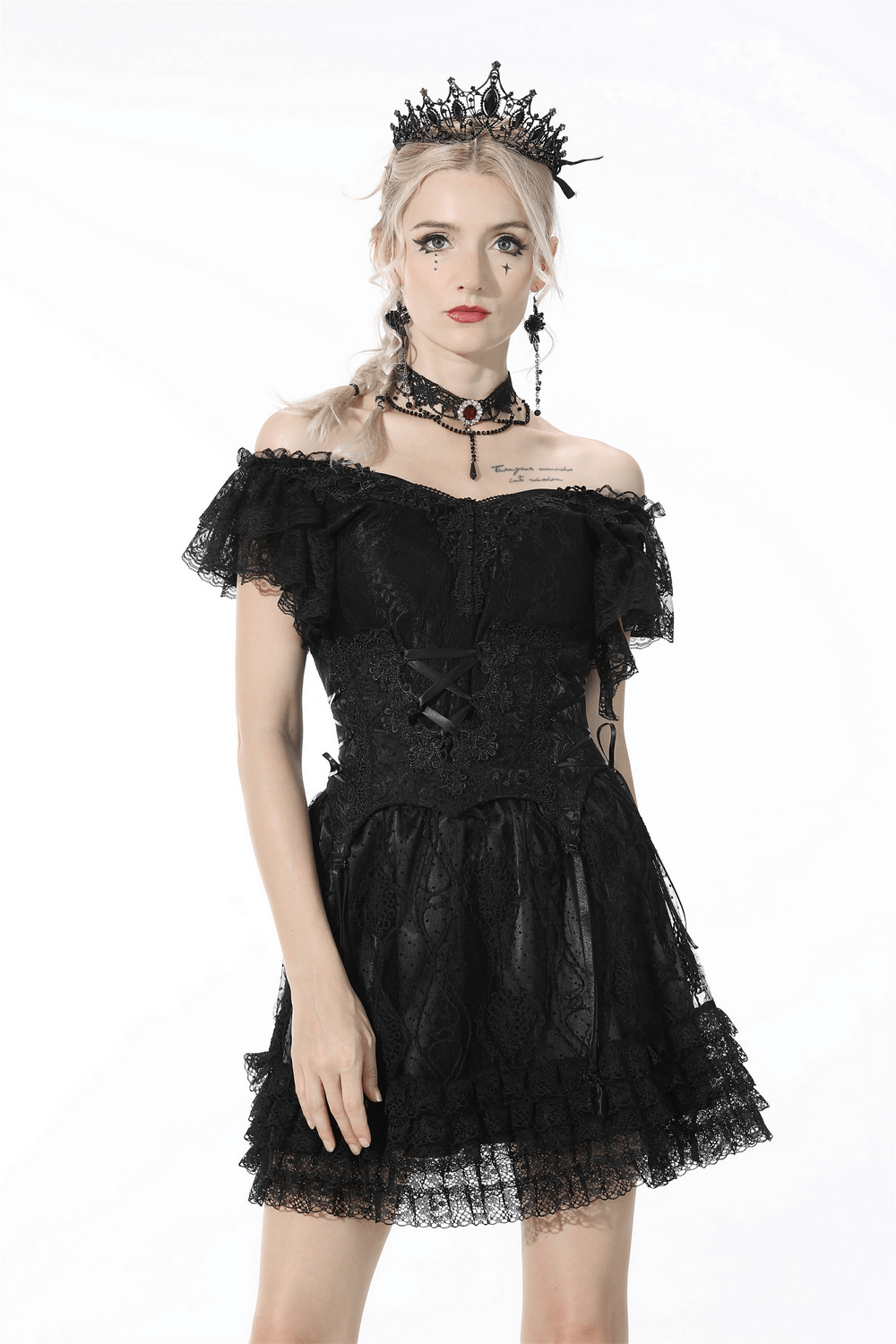 Gothic lace ruffled top with V-neck, layered sleeves, and dark romantic style, perfect for gothic fashion events.