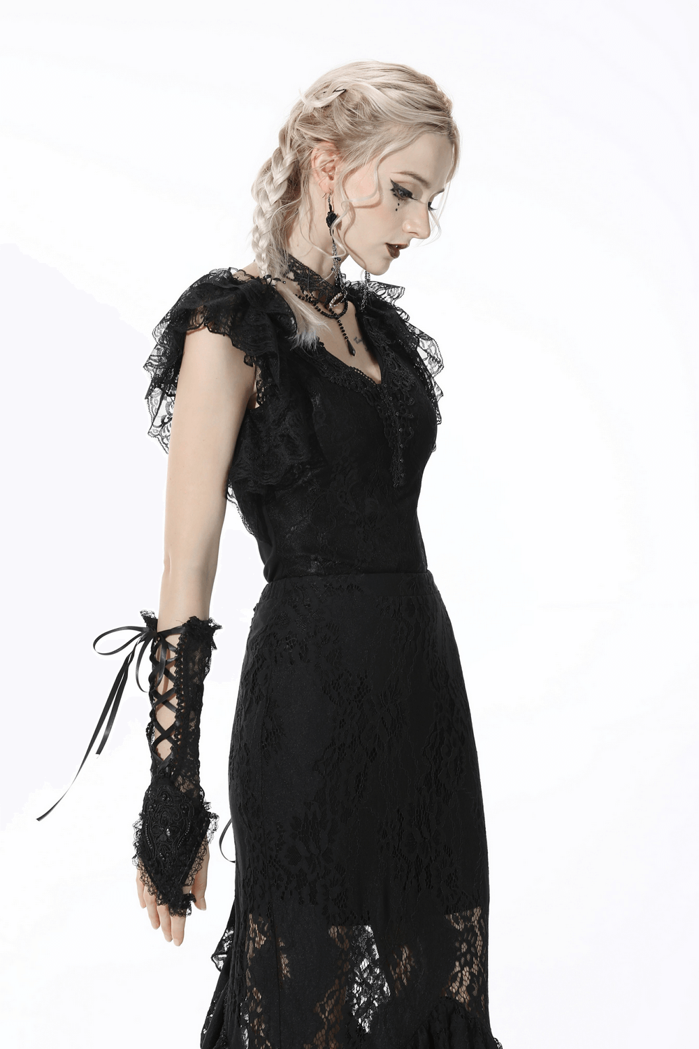 Elegant black lace gothic top with layered sleeves and V-neck, perfect for dramatic dark fashion style.