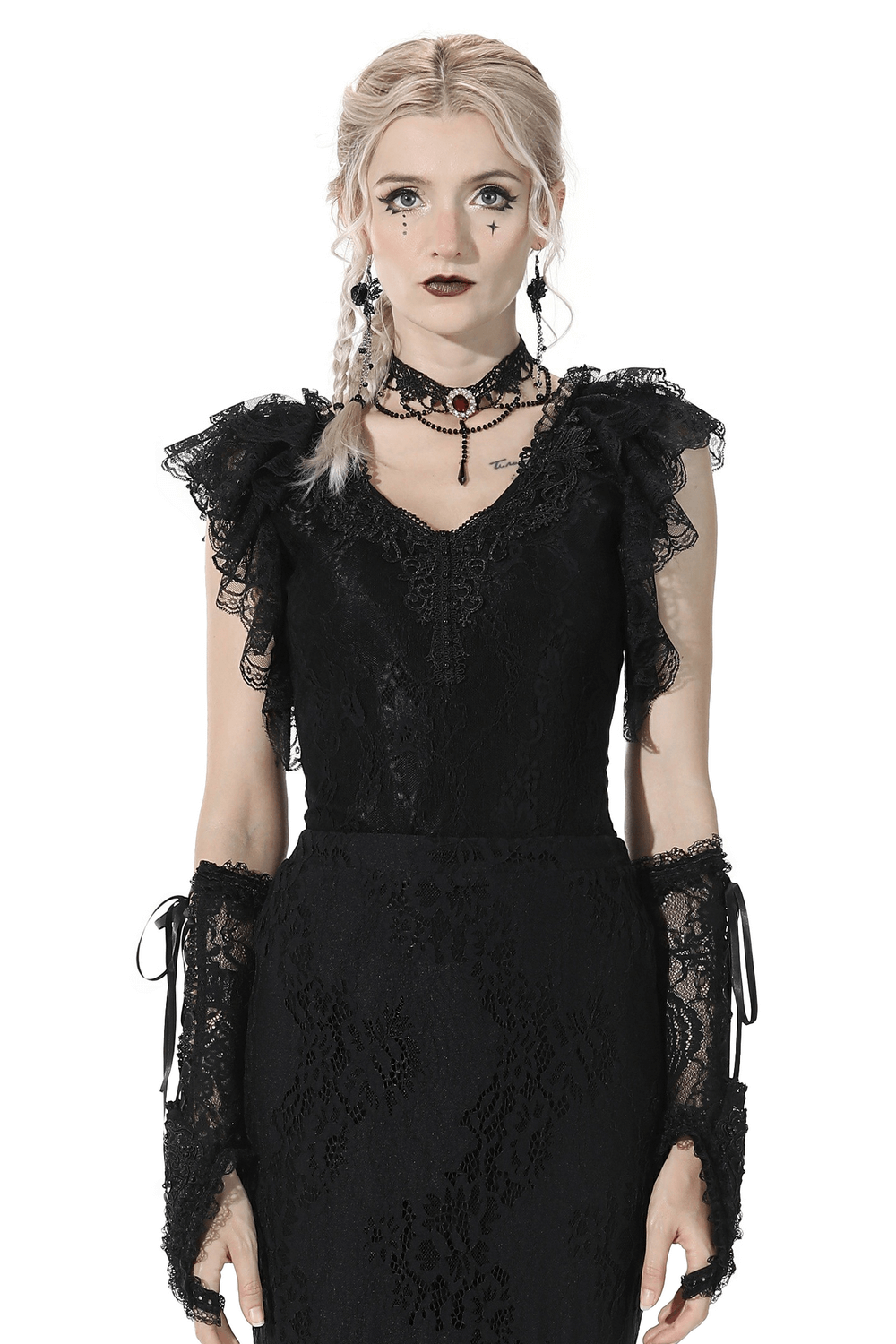 Elegant gothic lace ruffled top with V-neck and layered sleeves, perfect for dark fashion and gothic events.