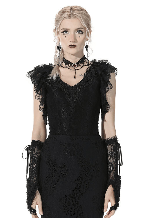 Gothic-Spitzen-Rüschen-Damentop mit V-Ausschnitt-Detail