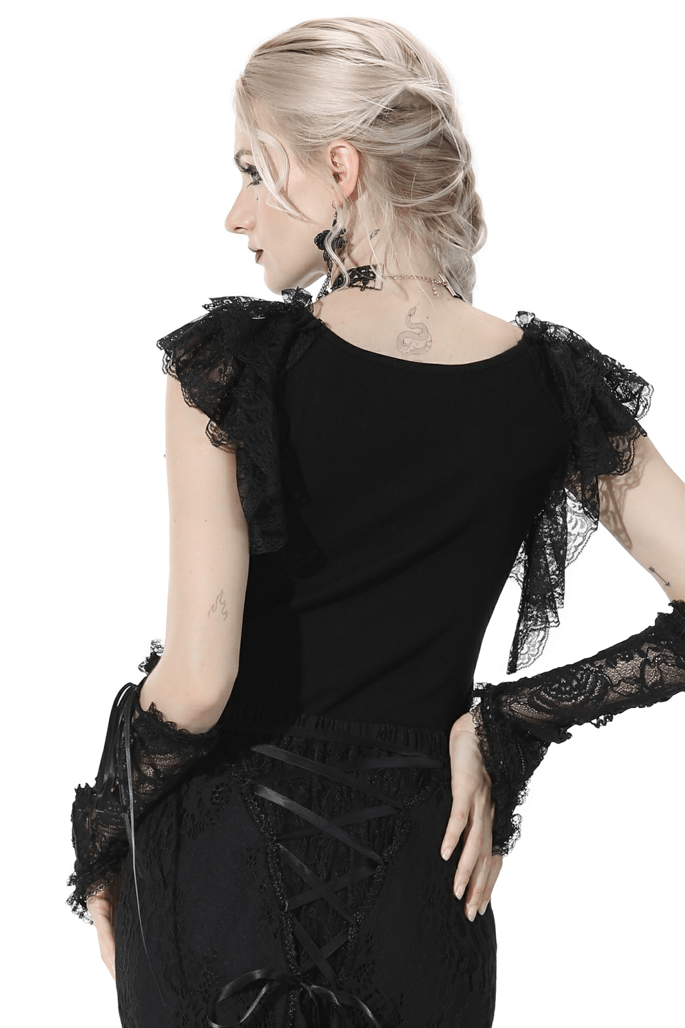 Elegant black gothic lace top with ruffled sleeves and fitted silhouette, perfect for dark fashion styles.