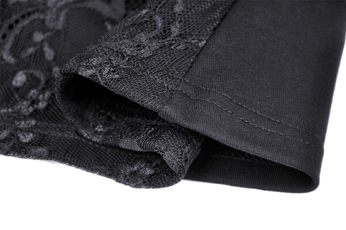 Close-up of the layered lace detail and fabric of a Gothic lace ruffled women's top, showcasing its elegant design.