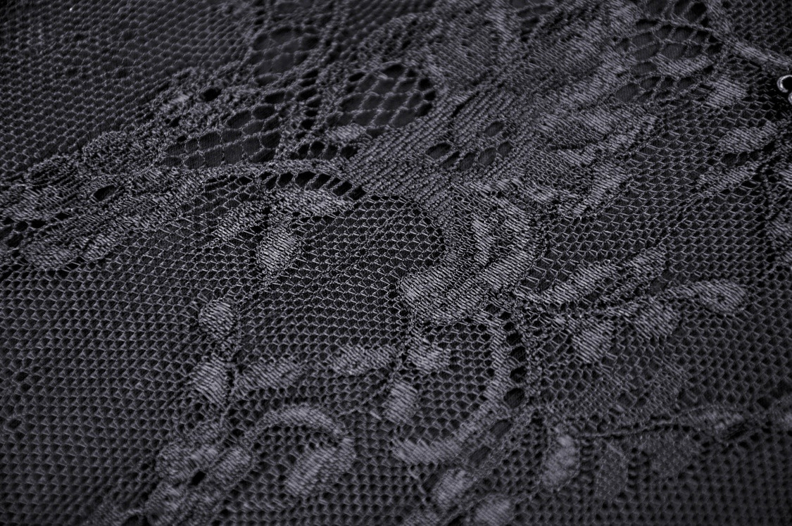 Close-up of intricate black lace fabric featuring floral patterns, perfect for gothic fashion.
