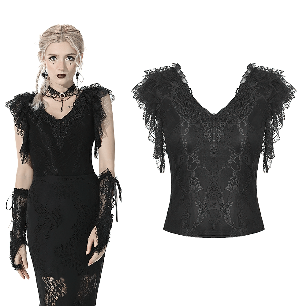 Gothic lace ruffled women’s top with V-neck and layered sleeves for elegant dark fashion.
