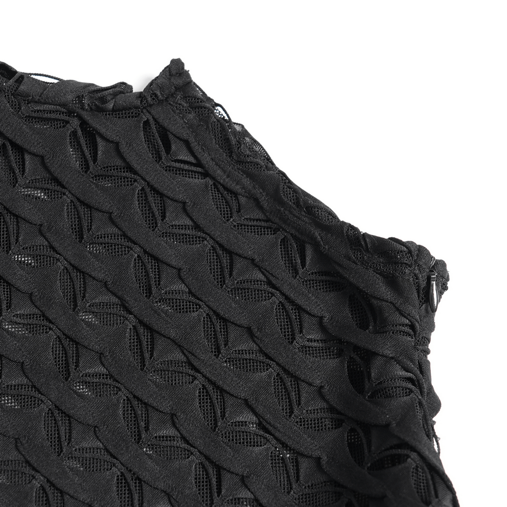 Close-up of gothic lace sheer top showcasing intricate mesh design and bold texture details.