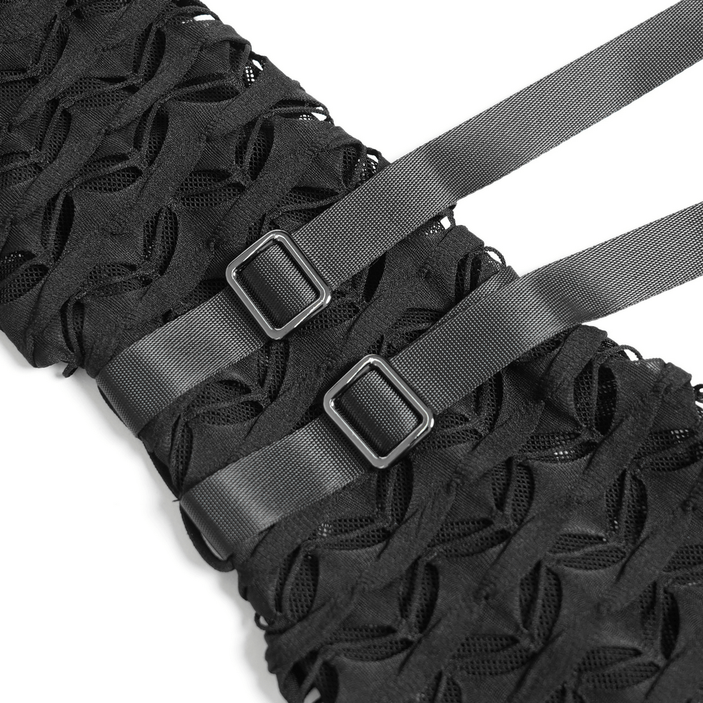 Close-up of black lace top with bold straps and intricate mesh design, perfect for gothic fashion enthusiasts.