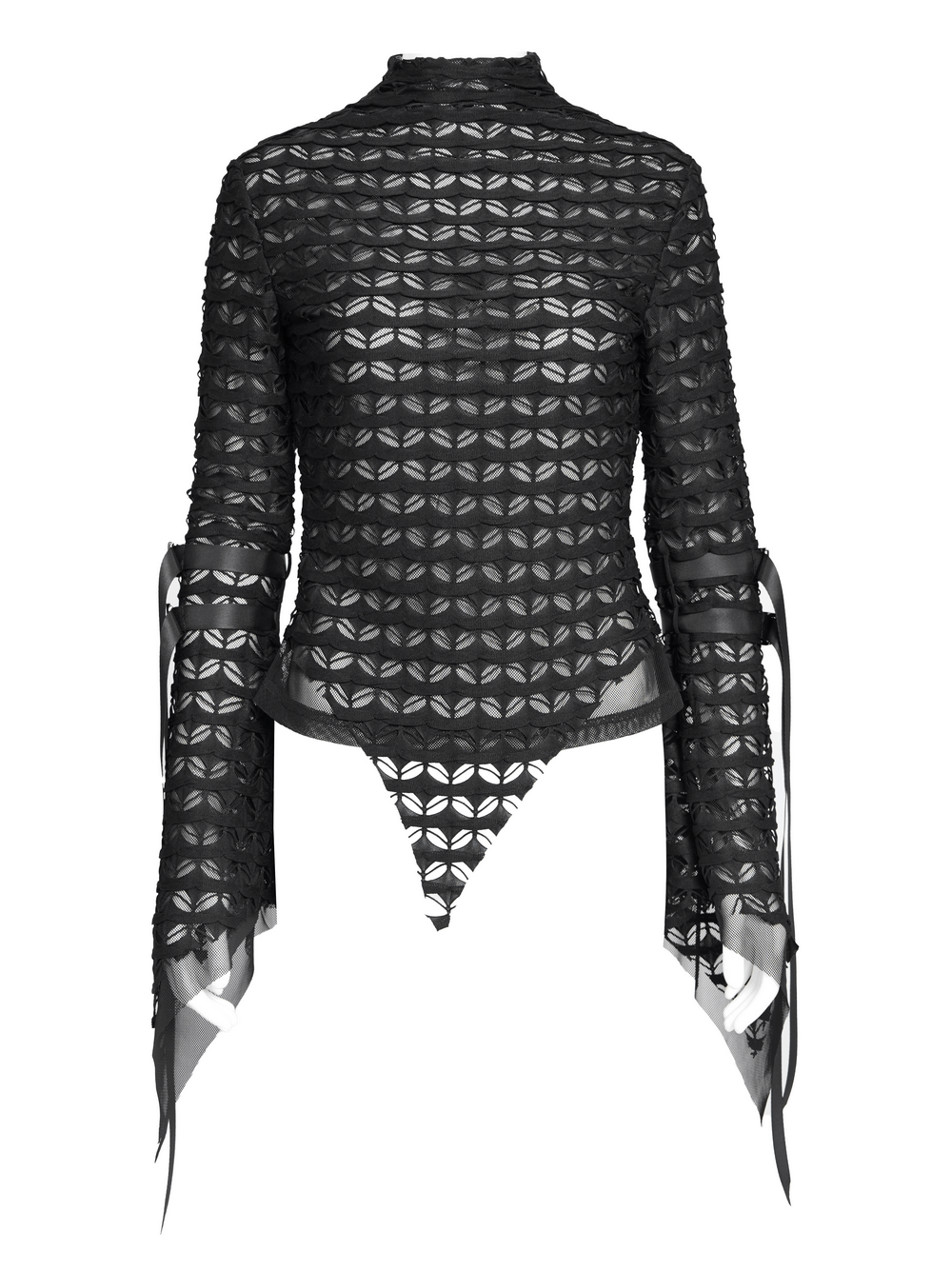 Gothic lace sheer top with long flared sleeves, bold cross straps, and a belted waist, perfect for alternative fashion.