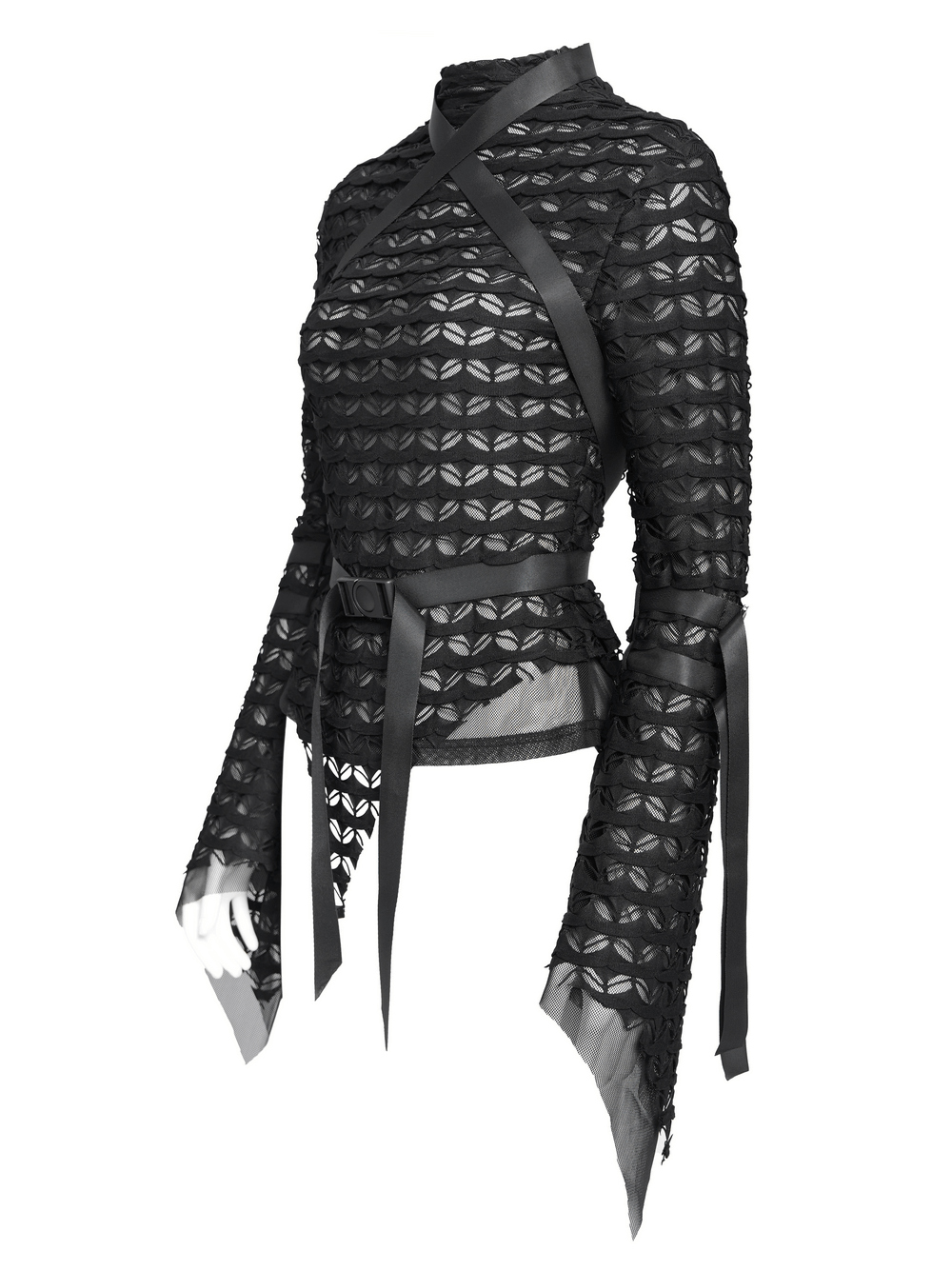 Gothic lace sheer top with straps, belted waist, and long flared sleeves for alternative fashion lovers.