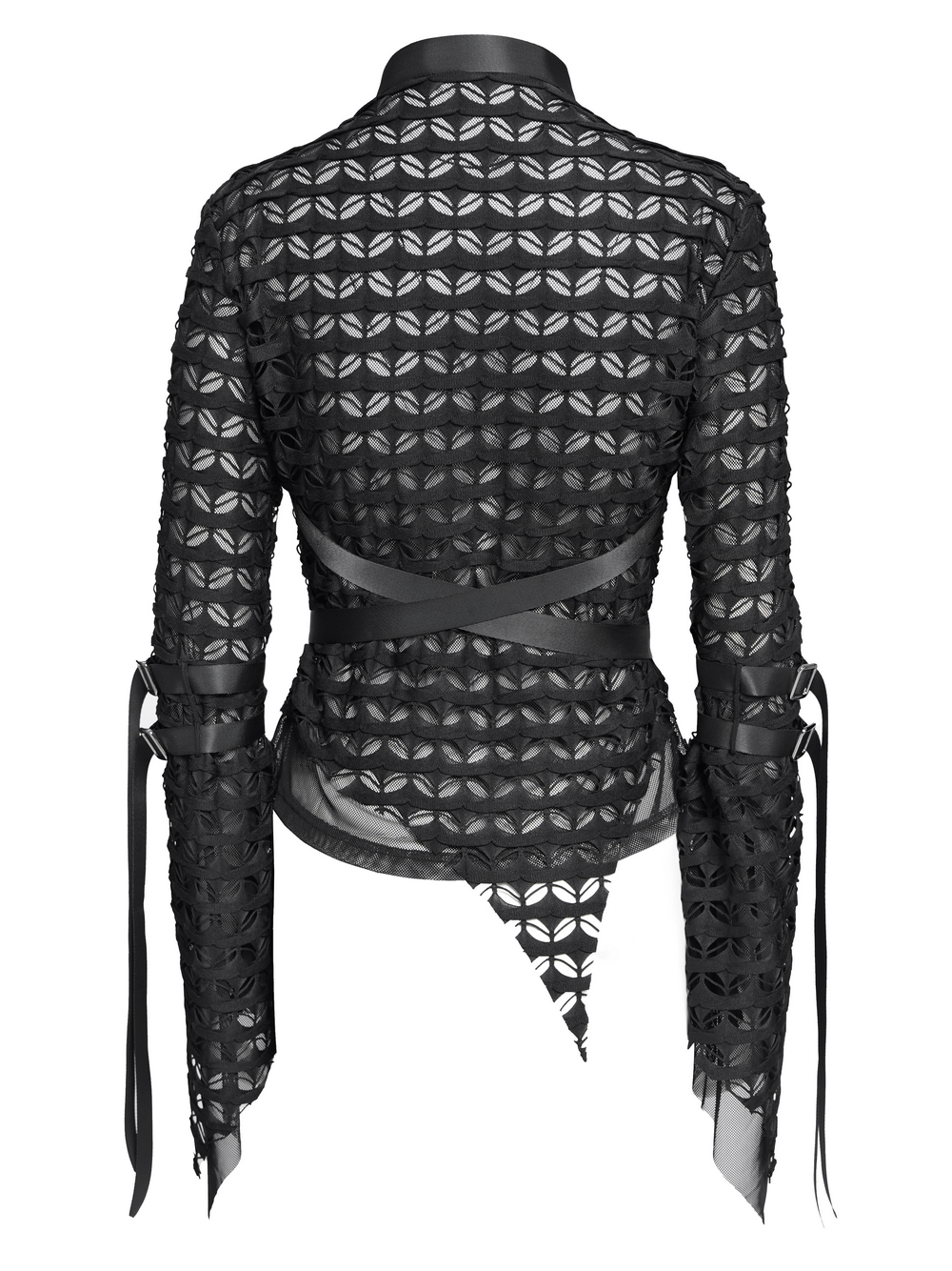 Gothic lace sheer top with long flared sleeves and belted detail in black mesh.